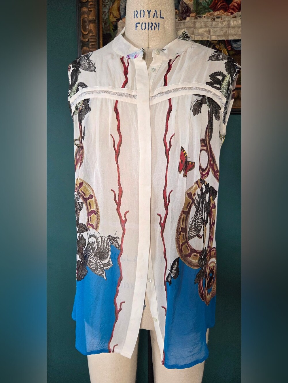 Roberto Cavalli White Sheer Button-Front Top with Multicolor Print